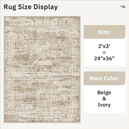 2x3 Washable Rugs for Kitchen, Floor, Entryway, Powder Room Small Area Rug Non-Slip Vintage Low Pile Throw Door Mat Brown