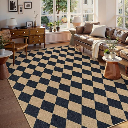 Lahome Colette Checkered Easy Jute Area Rug 8x10, Large Living Room Patio Rug Checkerboard Indoor Outdoor Carpet, Farmhouse Geometric Non Slip Black Carpet for Backyard Dining Room