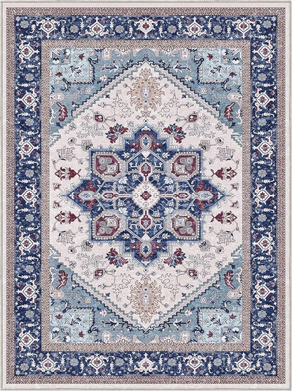 OPPODREAM Soft Area Rugs 9x12 Living Room, Washable Rugs 9x12 with Non Slip Backing, Faux Cashmere Low-Pile 9 x 12 Carpet, Navy Blue & Red & Cream