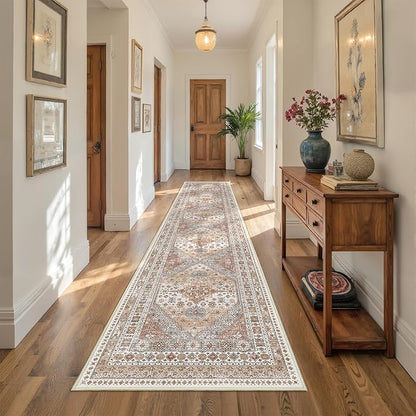 Carpet Runners for Hallway 12ft, Non-Slip Long Bathroom Rugs Runner for Kitchen, Living Room, Bedroom, Soft Vintage Washable Rug for Entryway, Thin Floor Mat for Dining Room(Orange,2.5'x12')