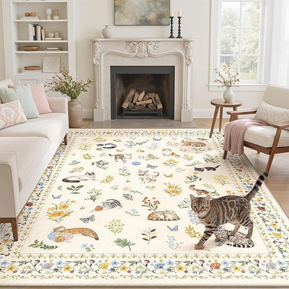 Soalmost Cat 6x9 Area Rugs for Living Room, Machine Washable Animal Floral Vintage Rug Non-Slip Low Pile Soft Throw Rugs for Bedroom Dining Room Kitchen Nursery Playroom (6 x 9,Beige)