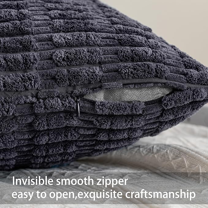 Pack of 2 Corduroy Decorative Throw Pillow Covers 16x16 Inch Soft Striped Pillow Covers Modern Farmhouse Home Decor for Sofa Living Room Couch Bed（Dark Grey）