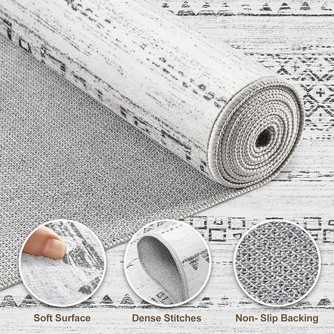 Nakagishi 9x12 Area Rug Living Room: Washable Boho Large Neutral Modern Soft Farmhouse Rugs Stain Resistant Indoor Floor Non-Slip Carpet for Bedroom Nursery Kids Playroom Office Dining Room- Grey