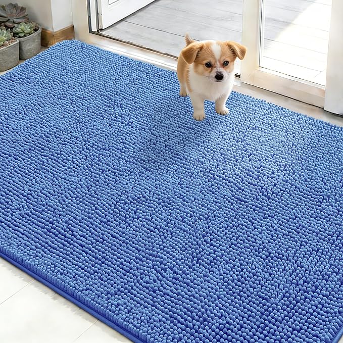 OLANLY Dog Door Mat for Muddy Paws 48x30, Absorbs Moisture and Dirt, Absorbent Non-Slip Washable Doormat, Quick Dry Chenille Mud Mat, Entry Indoor Entryway Carpet for Inside Floor, Cornflower Blue