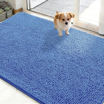 OLANLY Dog Door Mat for Muddy Paws 48x30, Absorbs Moisture and Dirt, Absorbent Non-Slip Washable Doormat, Quick Dry Chenille Mud Mat, Entry Indoor Entryway Carpet for Inside Floor, Cornflower Blue