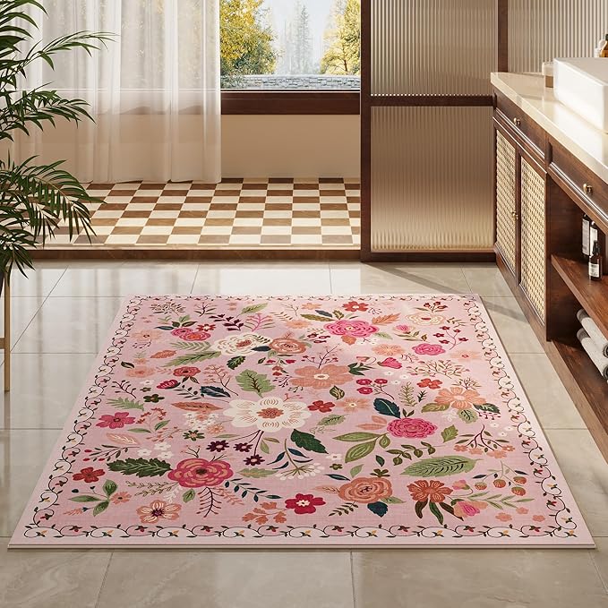 Rugcomf Bedroom Rug 3x5 Rug Washable Area Rug Non Slip Low Pile Boho Floral Small Carpet for Bedroom, Bedside, Kitchen, Entryway, Kids Room, Office, College Dorm Essentials for Girls(Pink)