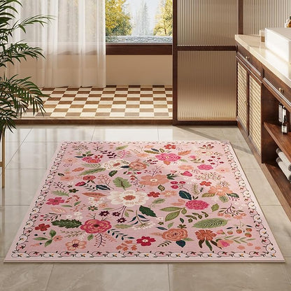 Rugcomf Bedroom Rug 3x5 Rug Washable Area Rug Non Slip Low Pile Boho Floral Small Carpet for Bedroom, Bedside, Kitchen, Entryway, Kids Room, Office, College Dorm Essentials for Girls(Pink)