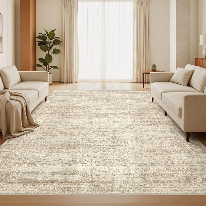 6x9 Rug for Living Room,Soft Low Pile Indoor Washable Rugs for Bedroom, Non-Slip Backing Vintage Large Area Rug, Printed Abstract Carpet(6'x9', Beige/Ivory)