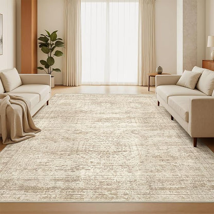 6x9 Rug for Living Room,Soft Low Pile Indoor Washable Rugs for Bedroom, Non-Slip Backing Vintage Large Area Rug, Printed Abstract Carpet(6'x9', Beige/Ivory)