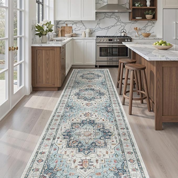 Madane Hallway Runner Rug 2'6''x10' Kitchen Runner, Non Slip Vintage Runners for Hallways Washable Kitchen Rugs Soft Low Pile 2.5x10 ft Rug Runner for Laundry Room, Entryway and Bedroom, Blue