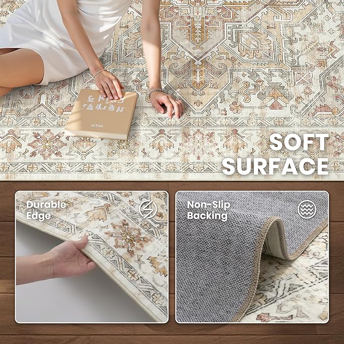 zesthome 5x7 Washable Rug-Stain Resistant Area Rugs for Living Room, Ultra-Thin Vintage Rugs, Non-Slip Backing Rug, Low Pile Large Area Rug, Boho Home Decor