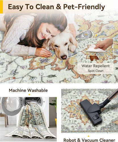 RELEANY Area Rugs 5'x7' Washable Non-Slip, Floral Vintage Distress Print Pattern Medallion Carpet for Living Room Bedroom Dining Room, Light Yellow Carbon Grey Orange