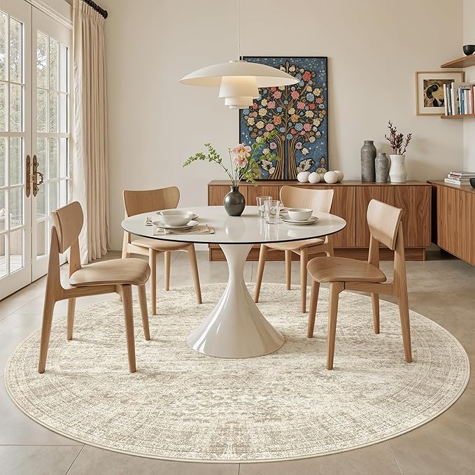 8x8 Beige Round Rug 8ft Living Room Circle Rug Vintage Round Area Rug Non Slip Indoor Carpet for Apartment