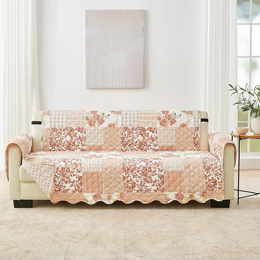 Great Bay Home Reversible Patchwork Sofa Cover - Washable Slipcover Furniture Protector with Elastic Straps - Perfect for Kids & Pets - Box-Stitched Detail (Dusty Rose)