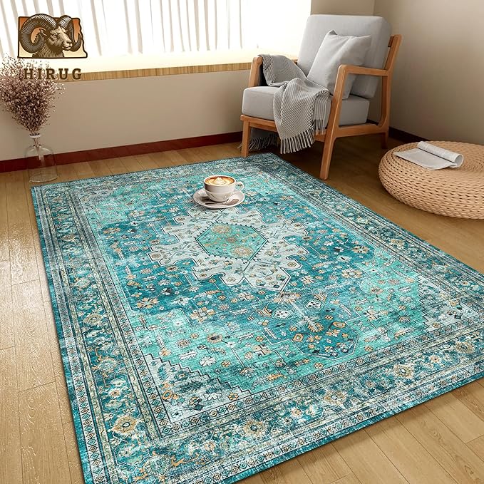 Washable Area Rug 8' x 10' Vintage Traditional Persian Mat - Foldable Distressed Non-Slip Machine Washable Carpet for Living Room Bedroom Kitchen Home Decor - Teal and Gold