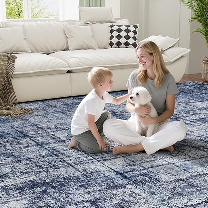8x10 Area Rugs for Living Room Washable Rug: Anti-Skid Abstract Modern Living Room Rug Soft Thin Carpets Indoor Floor Non-Shedding Carpet for Bedroom Dining Farmhouse Nursery Navy Light Gray
