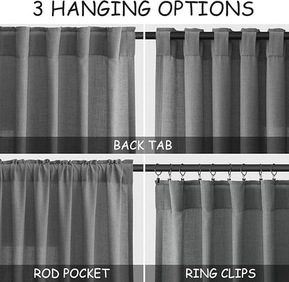 Dark Grey Linen Curtains 84 Inches Long for Bedroom Rod Pocket Back Tab Light Filtering Privacy Semi Sheer Curtain Farmhouse Decor Cotton Textured Drapes for Living Room 2 Panels Set 52x84 Inch