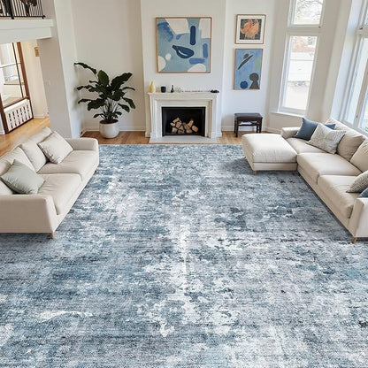 10x14 Area Rugs for Living Room, Non Slip Machine Washable Vintage Rugs, Low Pile Lightweight Large Rug for Bedroom, Dining Room, Home Office Blue