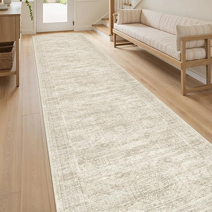 Runner Rug 2'6" x 12' Washable Non-Slip Runner Rugs for Kitchen Bathroom Laundry Room Vintage Ultra Thin Runners for Hallway Entryway Beige