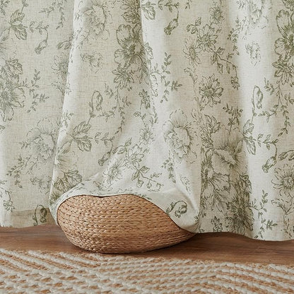 jinchan Pinch Pleated Curtains Floral Linen Blend Curtains for Living Room 96 Inches Length Green Peony Flower Printed Curtain Rod Pocket Back Tab Farmhouse Drapes with Hooks Set 2 Panels