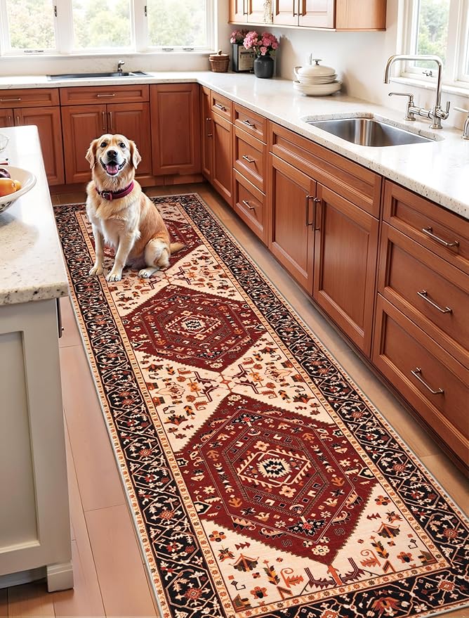 SERISSA Runner Rug for Hallways, 2'6"x8' Washable Non Slip Kitchen Runner Rug, Long Boho Rug Vintage Red Black Hallway Stair Ultra Soft Print Floor Carpet for Bedroom Bathroom Laundry Room