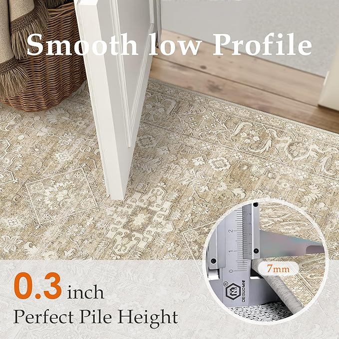 8x10 Washable Area Rug for Living Room Bedroom Vintage Beige Non Slip Carpet Traditional Retro Soft Low Pile Large Throw Rug for Dining Room Kitchen Office Indoor