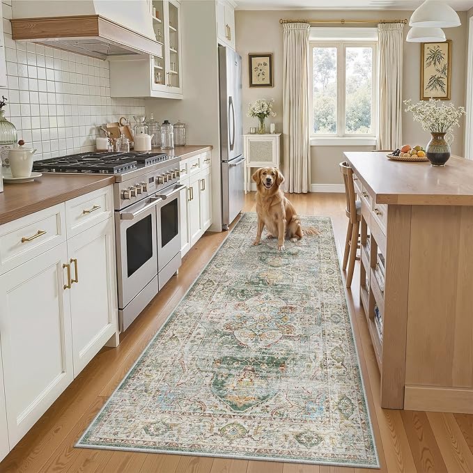 Madane Runner Rug 2'6''x8' Kitchen Runner, Hallway Runner Printed Vintage Washable Rugs Soft Non-Slip Low Pile Runners for Hallways Laundry Room Rug Distressed Rug, Green