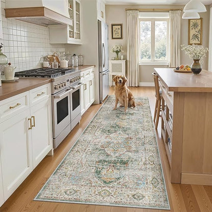 Madane Runner Rug 2'6''x8' Kitchen Runner, Hallway Runner Printed Vintage Washable Rugs Soft Non-Slip Low Pile Runners for Hallways Laundry Room Rug Distressed Rug, Green