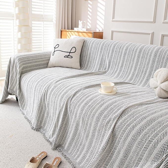 Boho Chenille Couch Cover for Dogs, Non Slip Sofa Cover, Couch Slipcover Covers for 3 Cushion, Furniture Protector with Tassels for Pets Washable, 71"x118", Fishbone Grey
