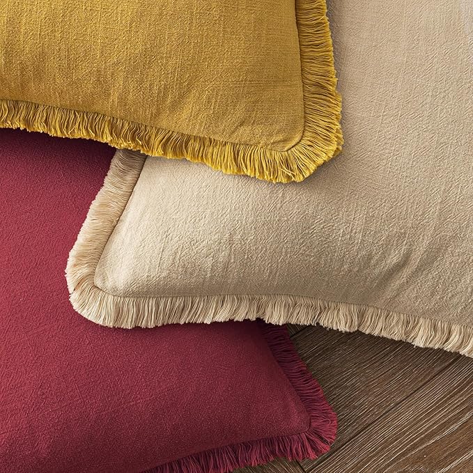 MIULEE Decorative Throw Pillow Covers Neutral Linen Fringe Throw Pillows Euro Shams Set of 2 Burgundy Boho Farmhouse Cushion Covers for Couch Sofa Bed Living Room Home Decor 22x22 Inch