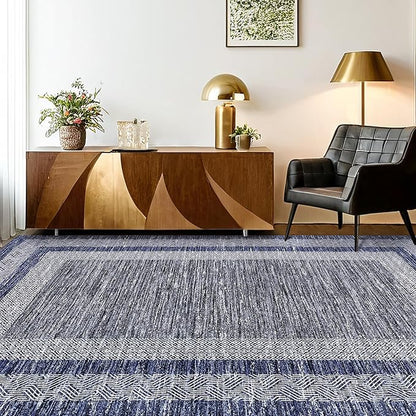 GarveeHome 8x10 Large Washable Area Rug Modern Bordered Rug Distressed Geometric Floor Carpet, Soft Non Slip Rug, Low Pile Non Shedding Rug, Indoor Blue Rug for Bedroom, Living Room