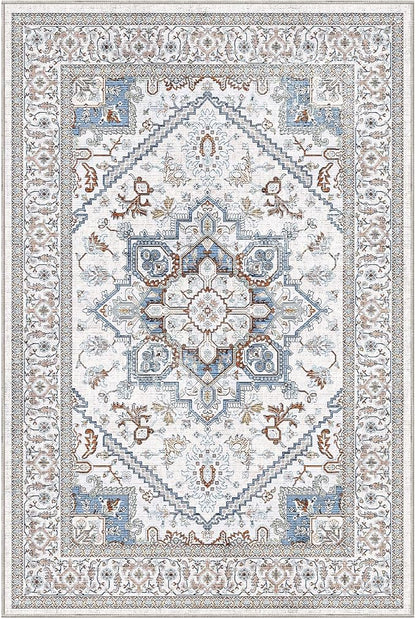 OPPODREAM Soft Throw Rugs 2x3, Small Neutral Washable Entryway Rugs 2 x 3 with Non Slip Backing, Low-Pile Faux Cashmere 2 x 3 Carpet, Cream White & Blue & Light Brown