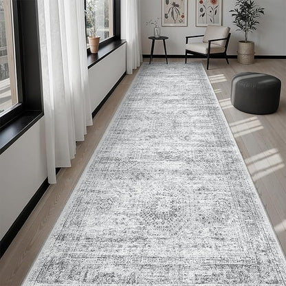 Runner Rug 3x10 Washable Non-Slip Hallway Runner Rugs for Kitchen Bathroom Laundry Room Grey Vintage Floor Carpet Runners for Hallways Entryway