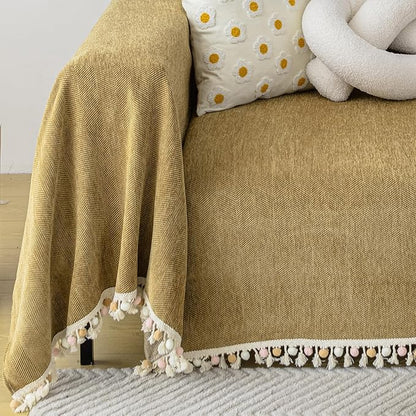 HANDONTIME Couch Covers for Pets Boho Mustard Yellow Love Seat Couch Covers Brown Sofa Cover for Dogs Pet Couch Protector Chenille Tassel Sofa Slipcovers Sofa Throw Cover Boho Decor, 71" X134"