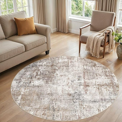 UERMEI 6ft Round Area Rug Living Room Rugs - 6x6 Washable Neutral Modern Abstract Soft Thin Rug Indoor Floor No Slip Rug Carpet for Bedroom Under Dining Table Home Office Decor - Brown/Grey/Red