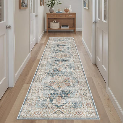 Madane Runner Rug 2x8, Washable Hallway Runner Rugs, Non-Slip Low-Pile Soft Kitchen Rug Runner Laundry Room Rug, Vintage Throw Entry Foyer Mat for Entrance Living Room (Navy, 2 x 8)