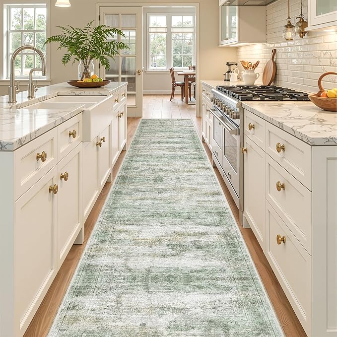 Long Rugs Runner - Washable Runner Rugs for Hallway 2x10, Ultra-Thin Soft Kitchen Carpet Runner, Anti Slip Backing Runner Rugs for Entrance, Bedroom, Living Room(2'x10', Green/Yellow/Ivory)
