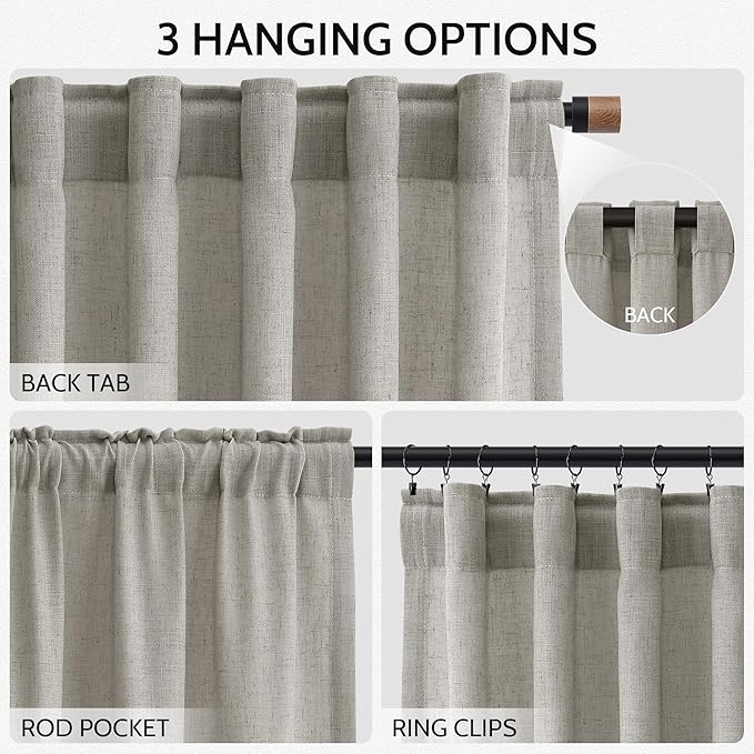 Nanspring Silver Grey Linen Curtains 63 Inches Length 2 Panels Set for Living Room Back Tab Pocket Modern Light Filtering Semi Sheer Drapes Cotton Linen Textured Grey Curtain 52X63 Inches