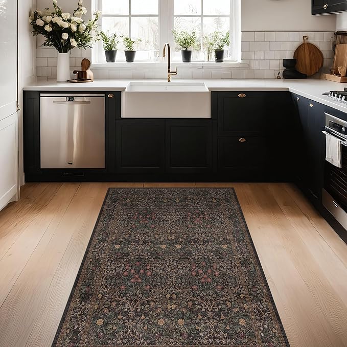 Boho Dark Brown 3x5 Large Entryway Rug - Moody Neutral Washable Low Pile Area Rugs Non-Slip for Mudroom, Door Mat Indoor Entrance, Kitchen, Laundry, Taupe Golden Accent Floral Floor Decor