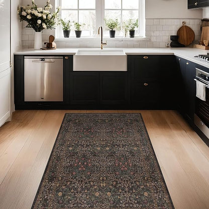 Boho Dark Brown 3x5 Large Entryway Rug - Moody Neutral Washable Low Pile Area Rugs Non-Slip for Mudroom, Door Mat Indoor Entrance, Kitchen, Laundry, Taupe Golden Accent Floral Floor Decor
