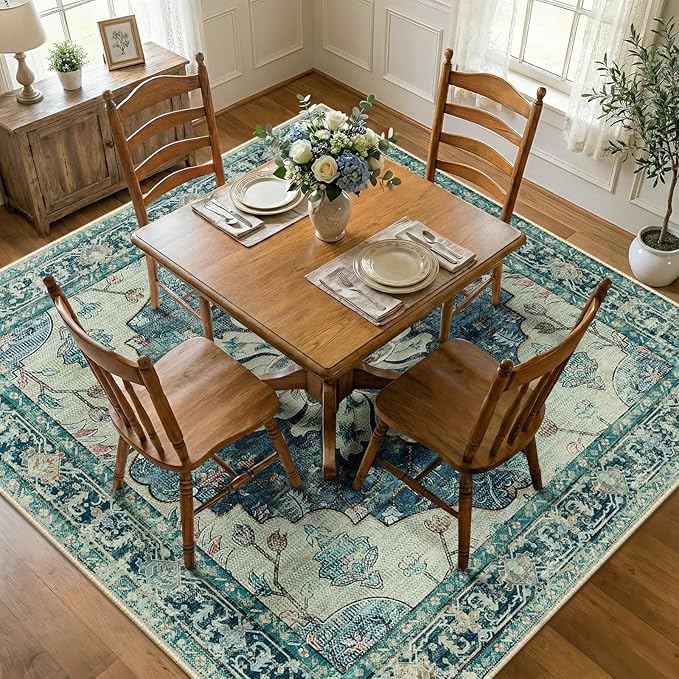 RELEANY Area Rugs Square 8ft Washable Non-Slip, Floral Vintage Distress Print Pattern Medallion Carpet for Living Room Bedroom Dining Room, Dark Blue Vintage
