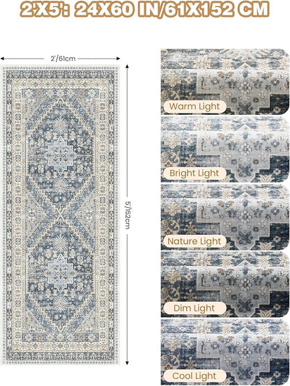 2x5 Rug Runner Washable for Entryway, Soft Bathroom Rugs with Non-Slip Backing,Vintage Low Pile Stair Runner, Small Kitchen Carpet for Hallways, Laundry Room(Blue/Beige,2'x5')