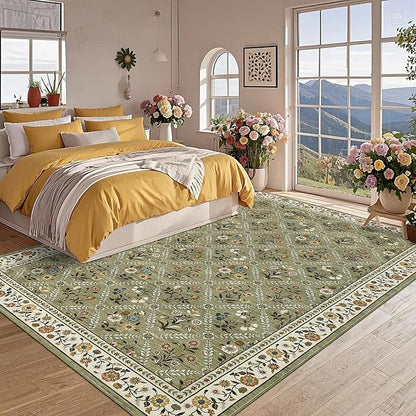 GarveeHome Grey Floral Rug 4x6 Rug Machine Washable Area Rug for Living Room Farmhouse Floral Low Pile for Dining Room, Bedroom Indoor Foldable Non-Slip Green RV