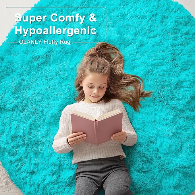 OLANLY Teal Blue Round Rugs for Bedroom - Machine Washable, 9 ft Circle Area Rugs for Living Room, Soft and Fluffy Shaggy Carpet for Teen Girls and Boys, Nursery Rooms, Dorms, Home Decor Aesthetic