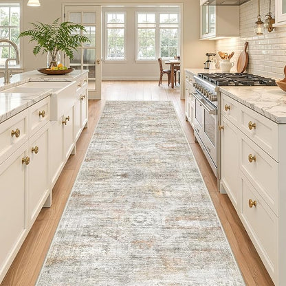 Kitchen Runner Rugs Non Skid Washable - 2.5 x 10 Runner Rug with Anti Slip Backing, Ultra-Thin Soft Rug Runner for Hallway, Bedroom, Living Room (2.5'x10', Grey/Rust)