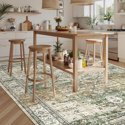 9x12 Area Rugs for Living Room, Non Slip Machine Washable Vintage Rugs, Low Pile Lightweight Large Rug for Bedroom, Dining Room, Home Office Olive