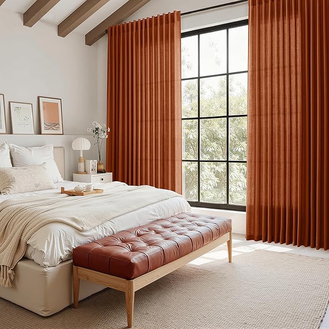 Nanspring Extra Long Linen Curtains 108 Inches Long 2 Panel Set Back Tab Terracotta Boho Rustic Farmhouse Curtain for Living Room Semi Sheer Floor to Ceiling High Window for Bedroom Office 60x108
