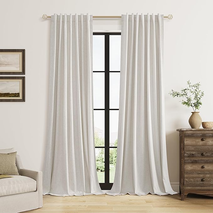 Guken Light Beige Linen 100% Blackout Curtains 96 Inches Long Floor to Ceiling Drapes for Bedroom, Rustic Farmhouse Room Darkening Winter Thermal Insulated Black Out Sliding Door Curtain, 52x96
