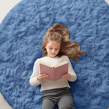 OLANLY Blue Round Rugs for Bedroom - Machine Washable, 5 ft Circle Area Rugs for Living Room, Soft and Fluffy Shaggy Carpet for Teen Girl and Boys, Nursery Rooms, Dorms, Home Decor Aesthetic