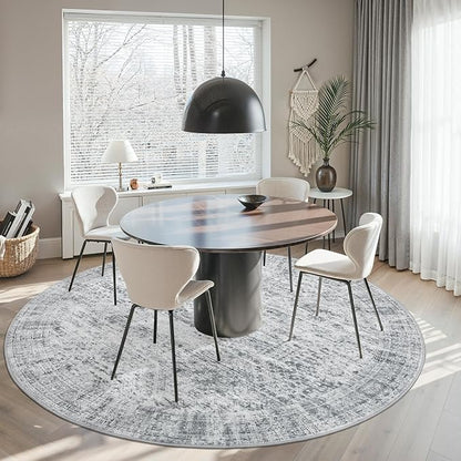 Soalmost 9x9 Grey Round Rug 9ft Living Room Circle Rug Vintage Round Area Rug Non Slip Indoor Carpet for Apartment
